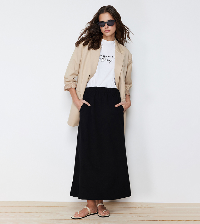 Solid Elastic Waist A-Line Skirt