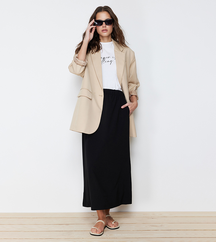 Solid Elastic Waist A-Line Skirt