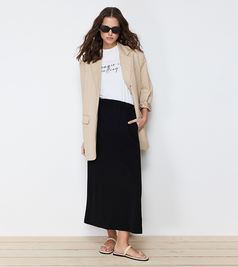 Solid Elastic Waist A-Line Skirt