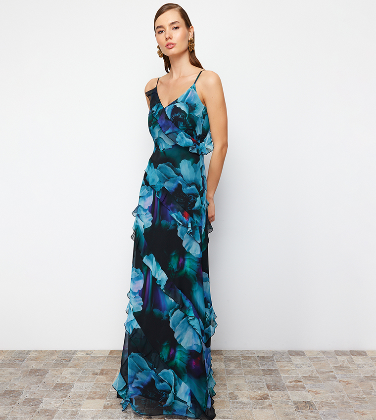 Ruffled Detail Evening Dress