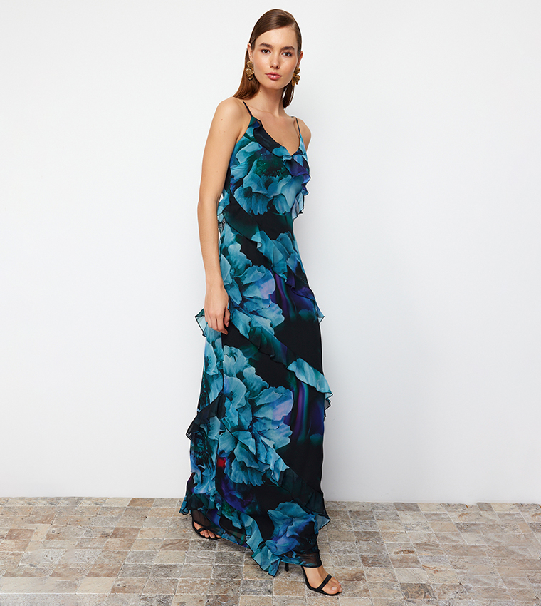 Ruffled Detail Evening Dress