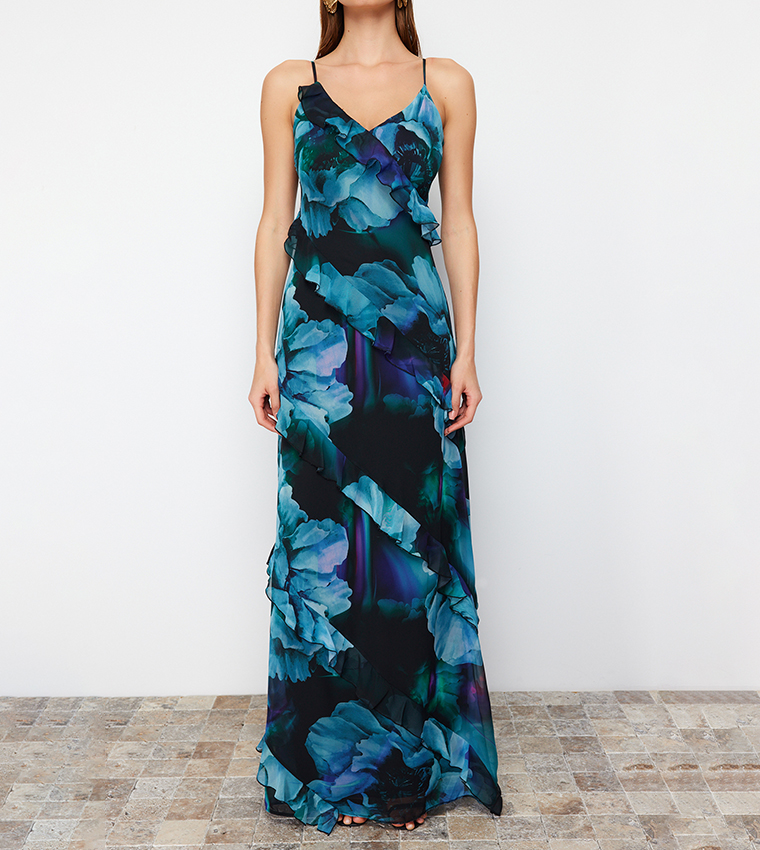 Ruffled Detail Evening Dress