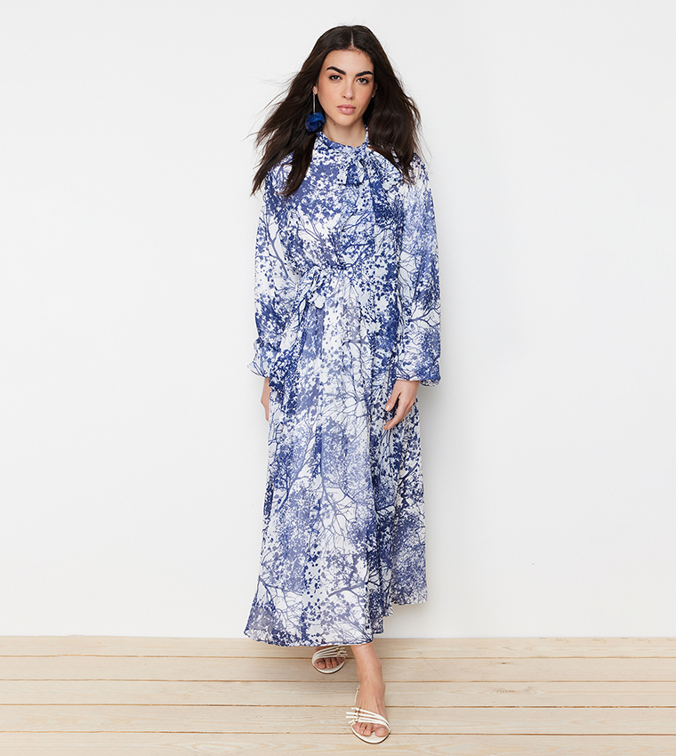 Printed Belted Evening Dress