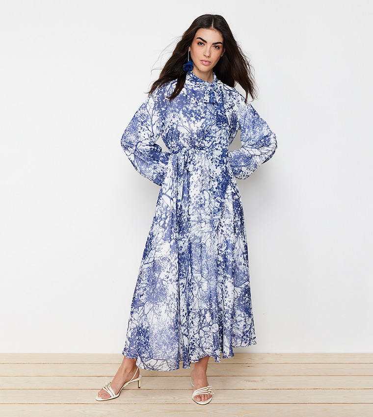 Printed Belted Evening Dress