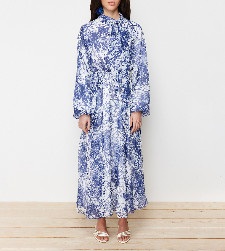 Printed Belted Evening Dress