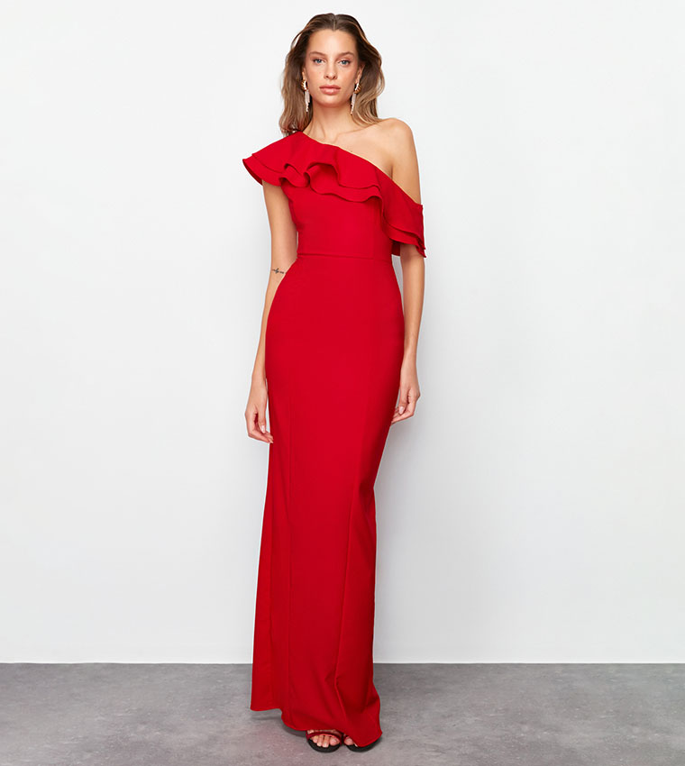 Solid Flounce Detail Maxi Dress