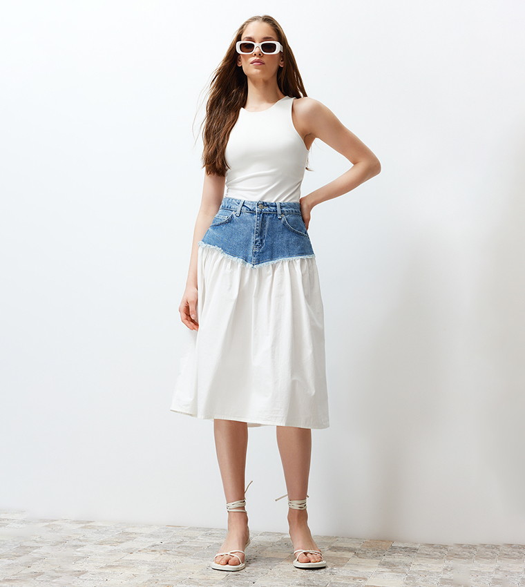 Color Block High Waist Midi Denim Skirt