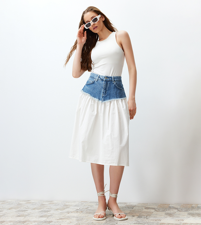 Color Block High Waist Midi Denim Skirt