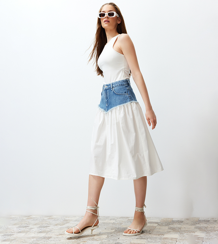 Color Block High Waist Midi Denim Skirt