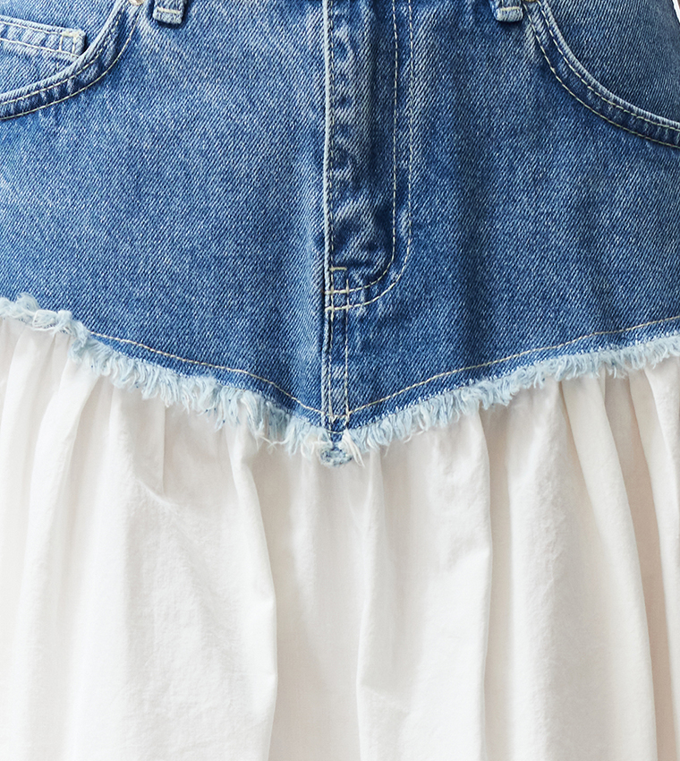 Color Block High Waist Midi Denim Skirt