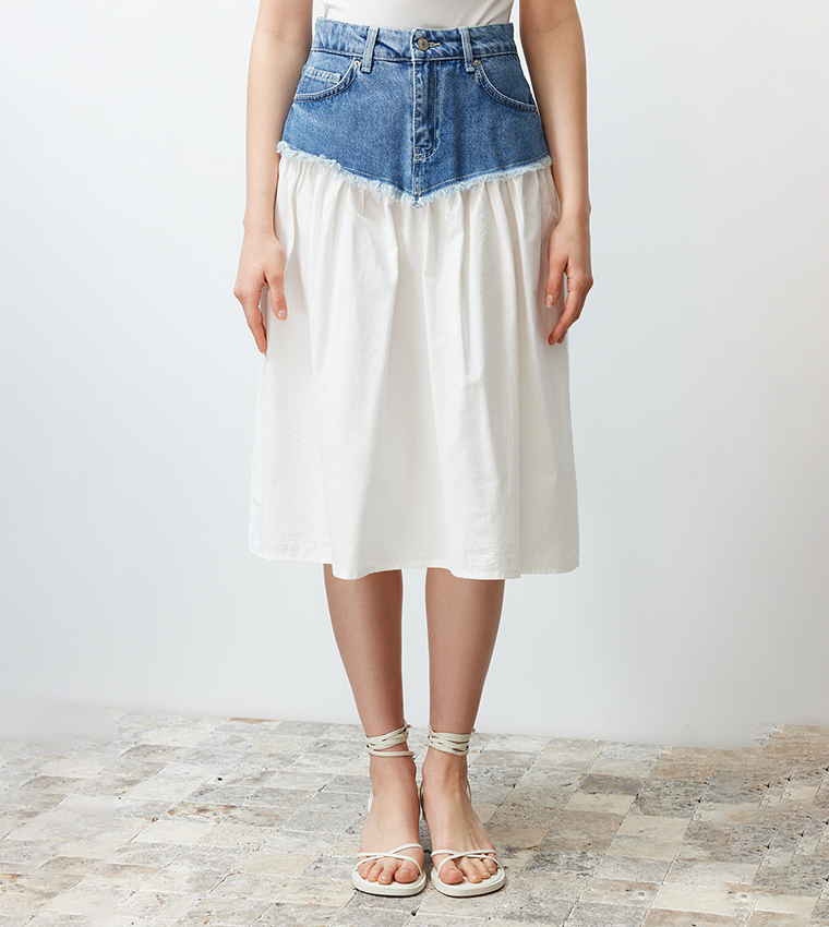 Color Block High Waist Midi Denim Skirt
