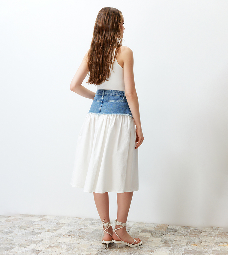 Color Block High Waist Midi Denim Skirt