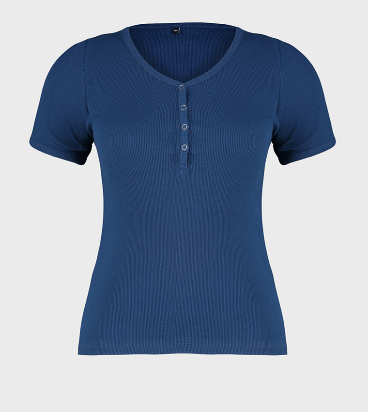 RIBBED V-NECK TOP in Navy