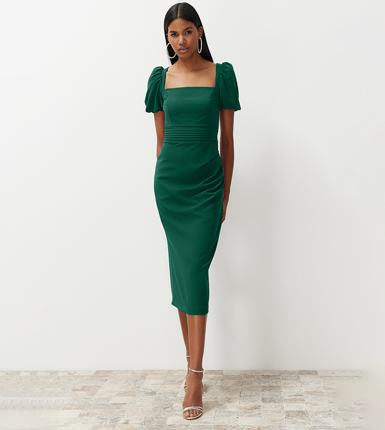 Buy Trendyol Solid Square Neck Midi Dress In Green 6thStreet Bahrain