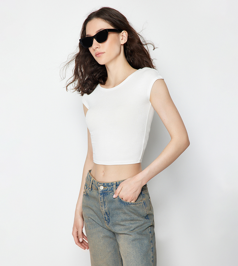 Solid Crew Neck Crop Top