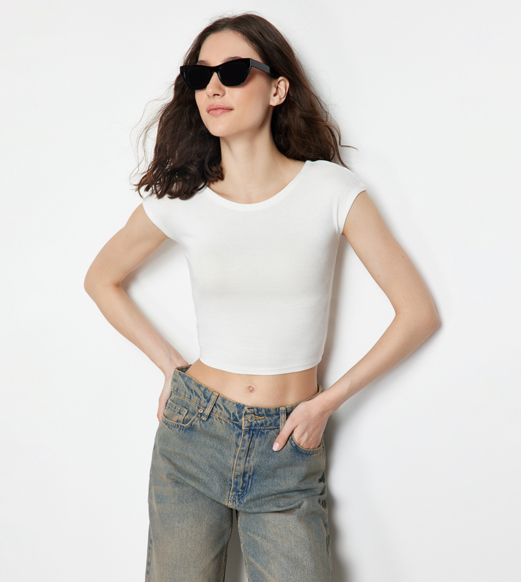 Solid Crew Neck Crop Top
