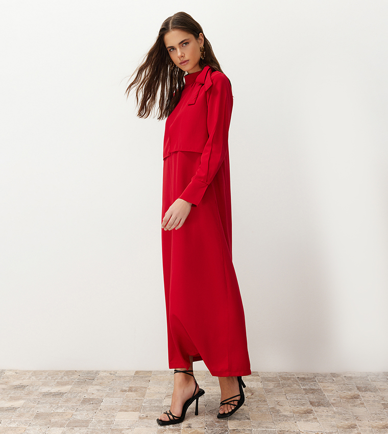 Buy Trendyol Long Sleeves Tie Detail Maxi Dress In Red | 6thStreet Bahrain