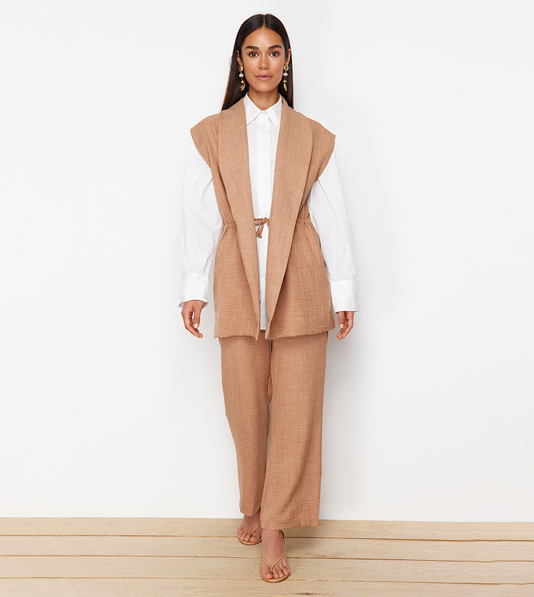 Solid Short Sleeves Kimono and Trouser Set