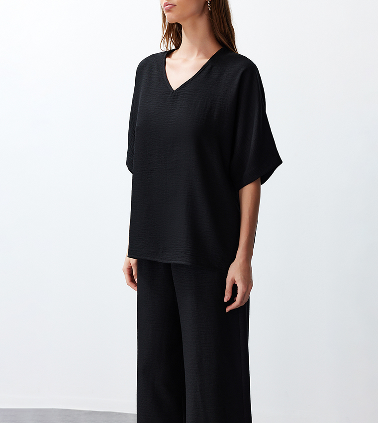 Crinkled Woven V-Neck Top and Bottom Set