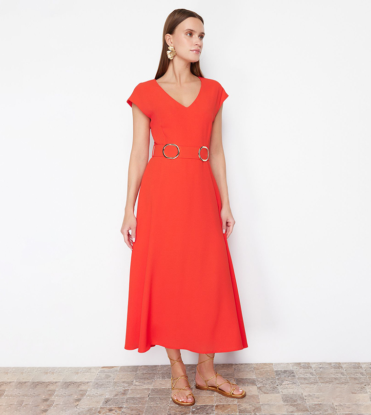 Solid V-Neck Belted Midi Dress