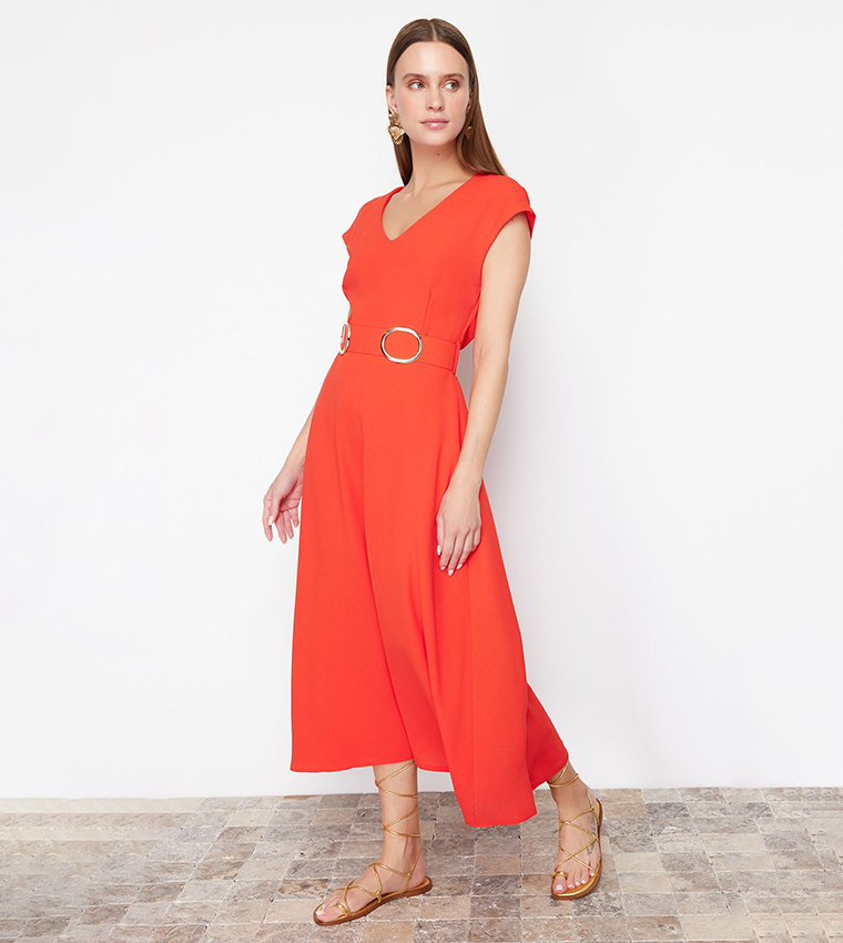 Solid V-Neck Belted Midi Dress