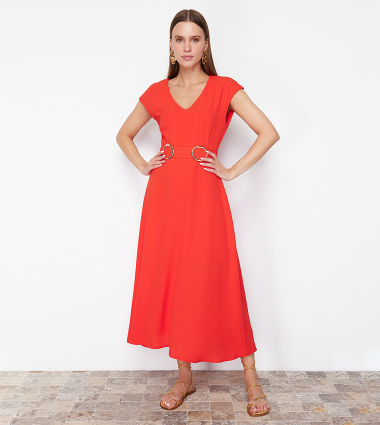 Solid V-Neck Belted Midi Dress