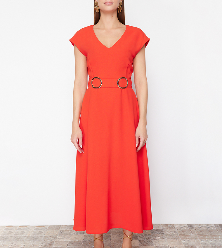 Solid V-Neck Belted Midi Dress