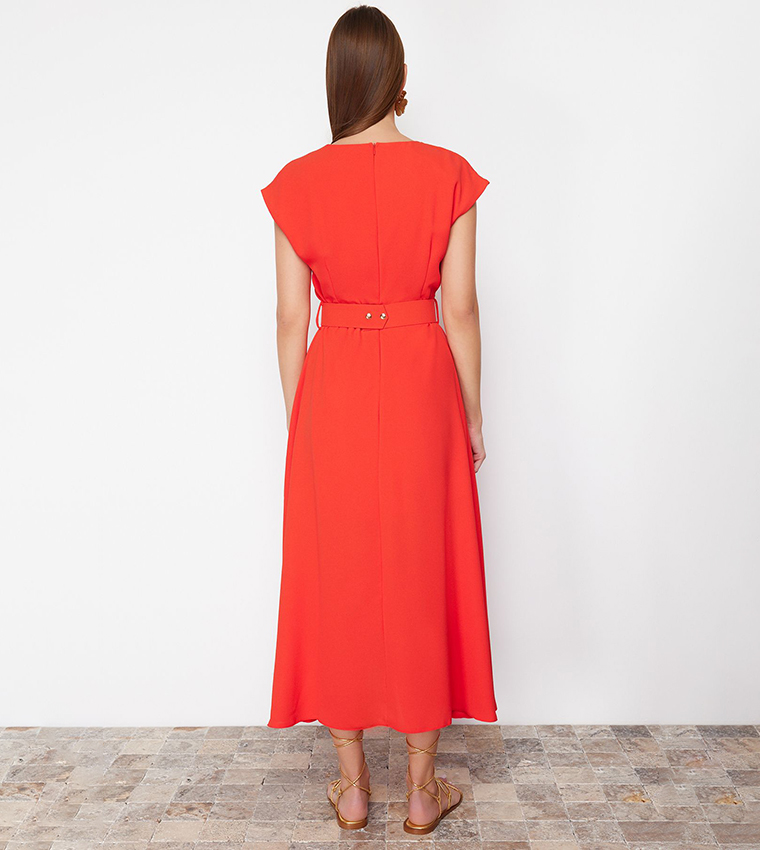Solid V-Neck Belted Midi Dress
