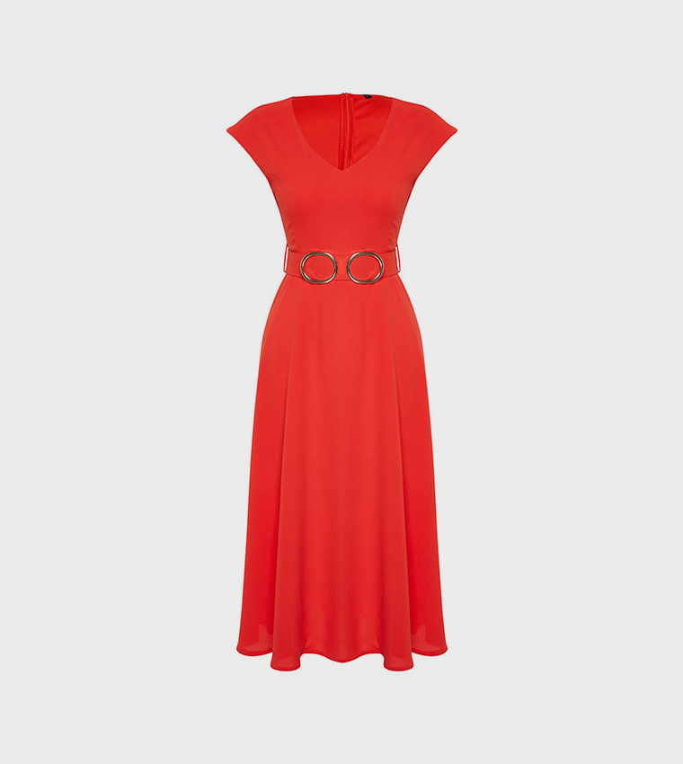 Solid V-Neck Belted Midi Dress