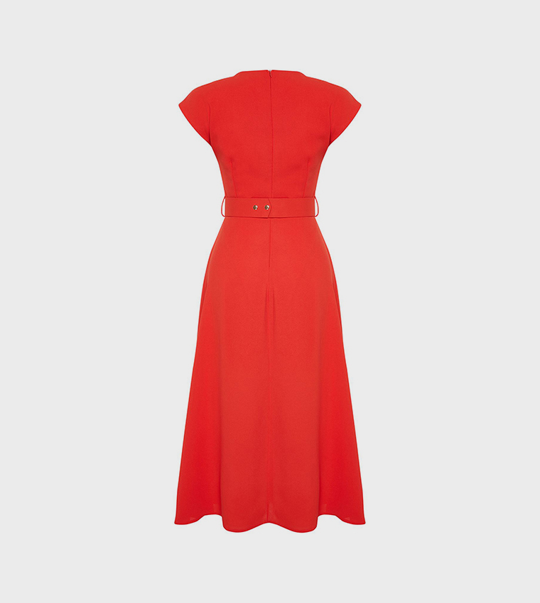 Solid V-Neck Belted Midi Dress