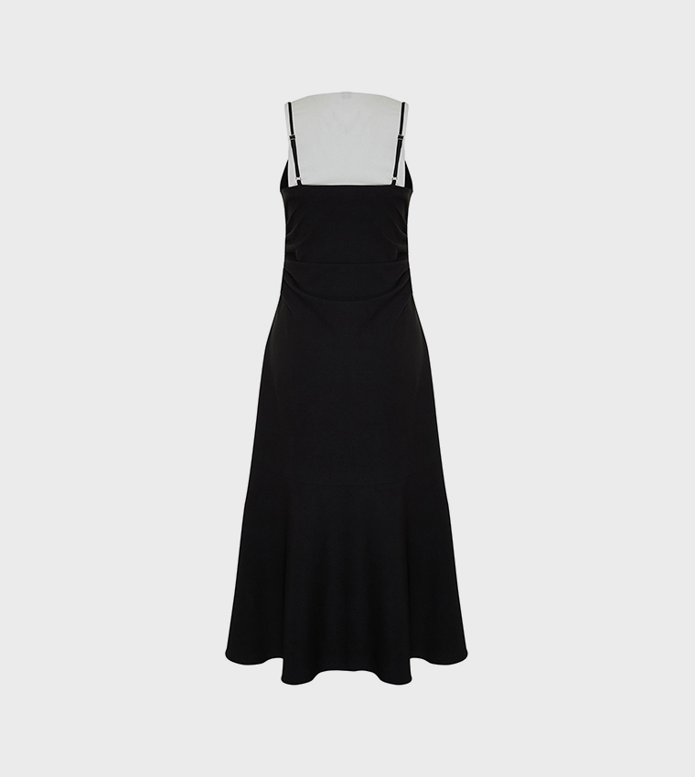 black woven asymmetric pleated maxi dress Valina | Black Ruched Asymmetric Maxi Dress With Drape