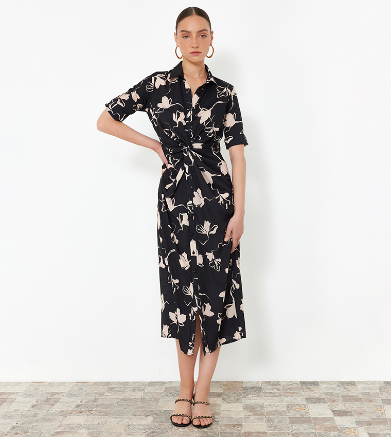 Printed Short Sleeves Midi Shirt Dress
