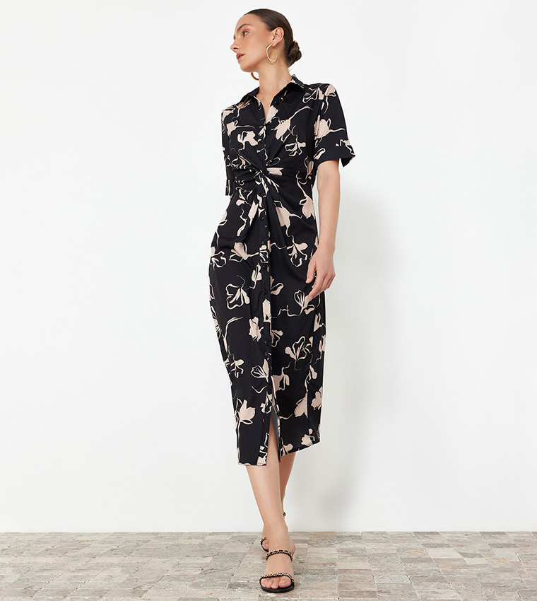 Printed Short Sleeves Midi Shirt Dress