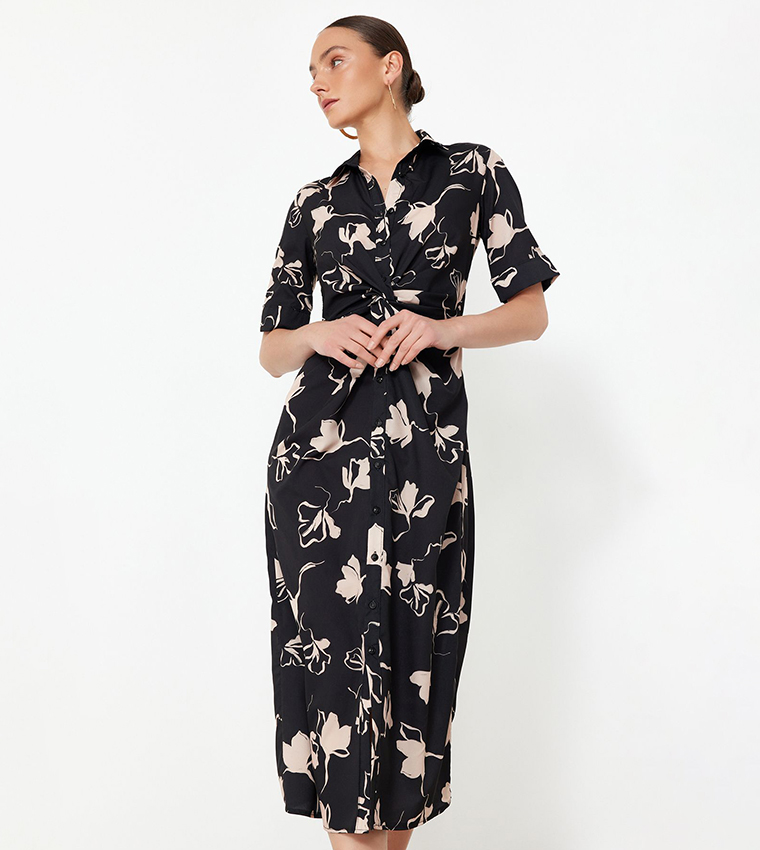 Printed Short Sleeves Midi Shirt Dress