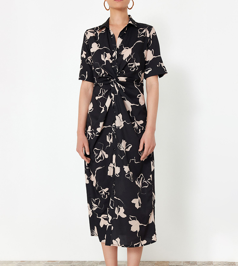 Printed Short Sleeves Midi Shirt Dress