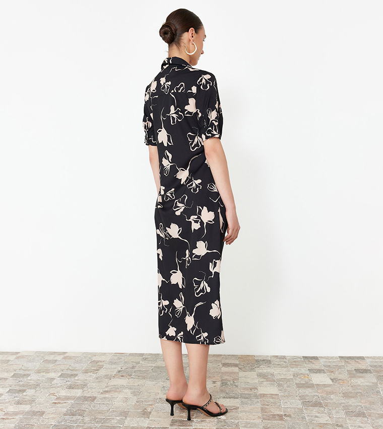 Printed Short Sleeves Midi Shirt Dress