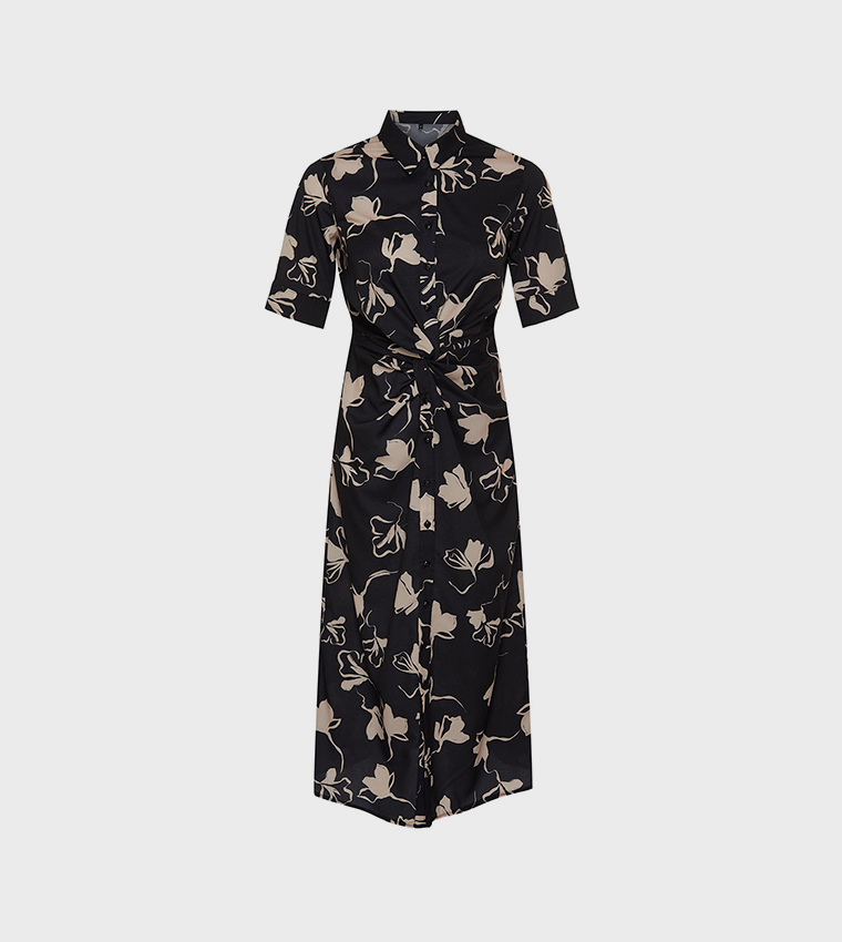 Printed Short Sleeves Midi Shirt Dress
