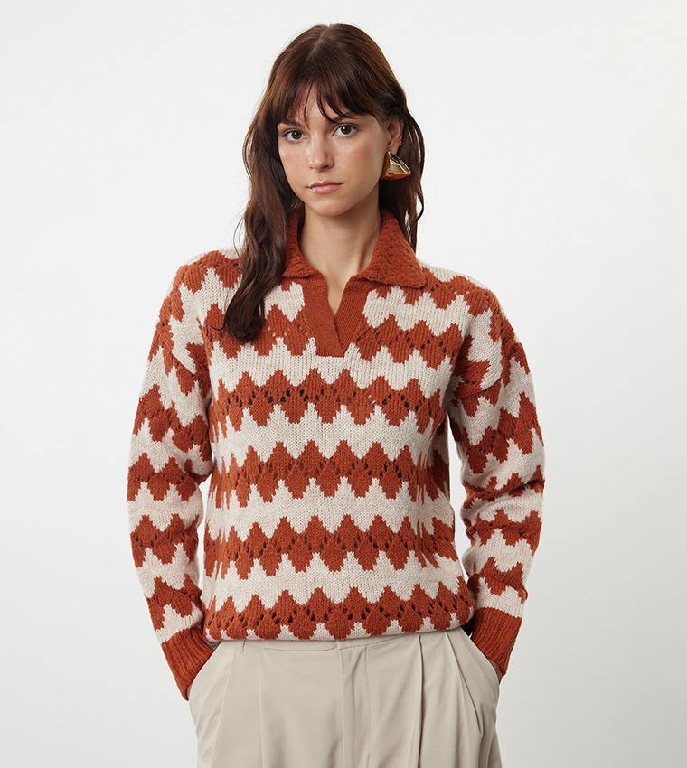 Openwork Polo Collar Sweater