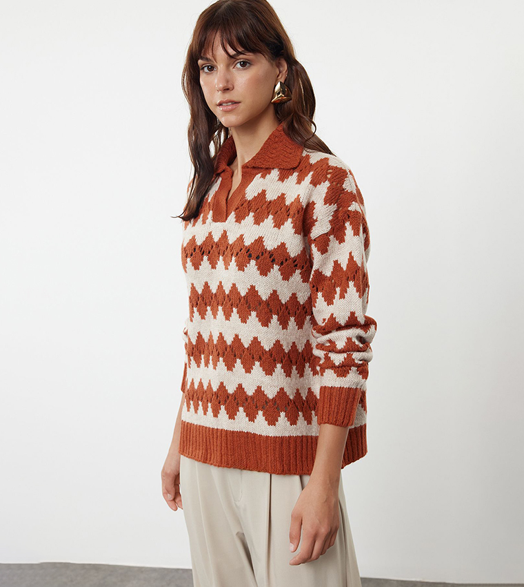 Openwork Polo Collar Sweater