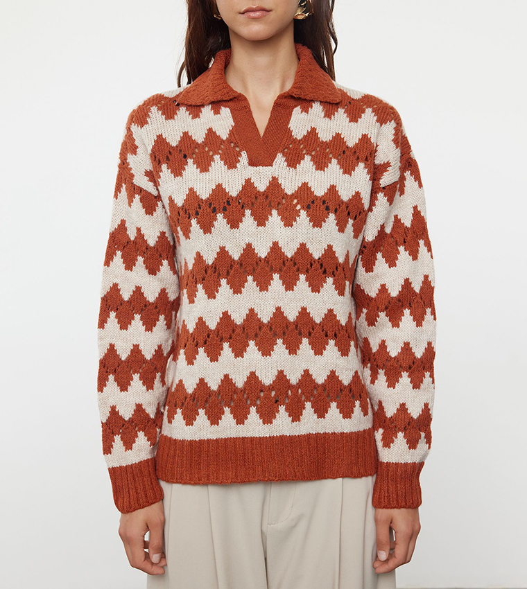 Openwork Polo Collar Sweater