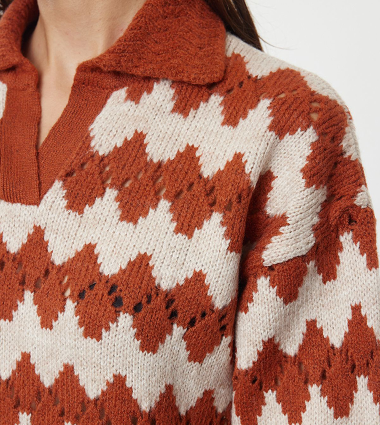 Openwork Polo Collar Sweater