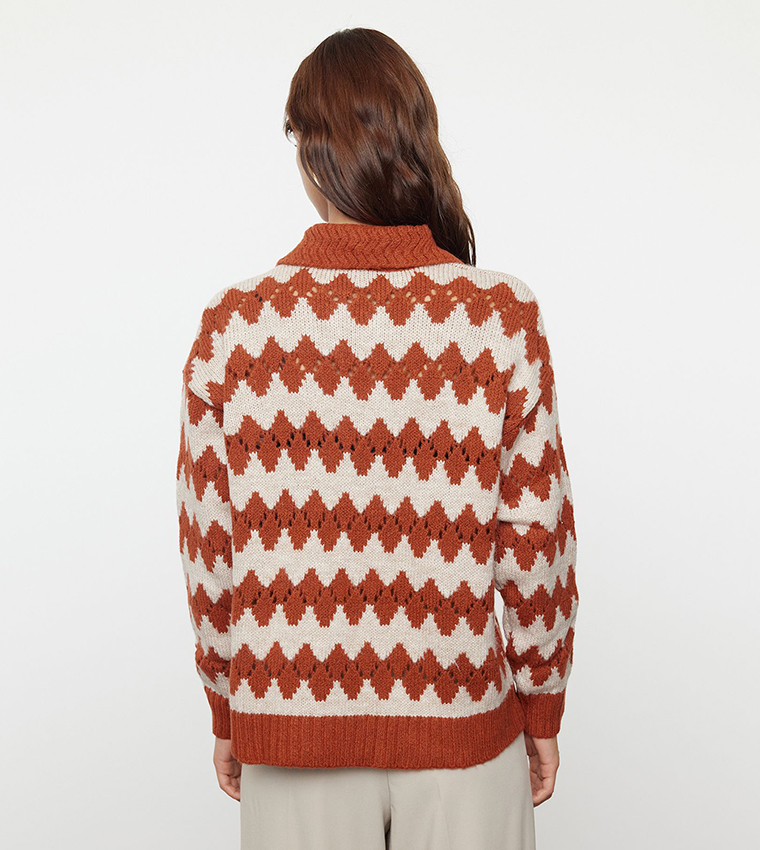 Openwork Polo Collar Sweater