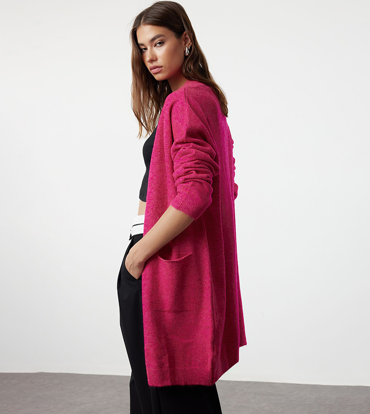 Buy Trendyol Knitted Long Sleeves Longline Cardigan In Fuchsia