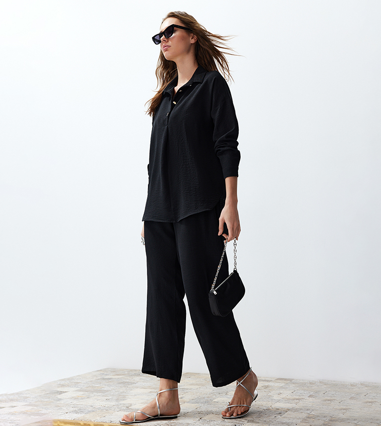 Crinkled Collared Top and Bottom Set