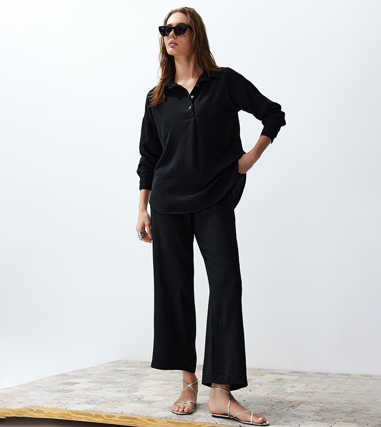 Crinkled Collared Top and Bottom Set