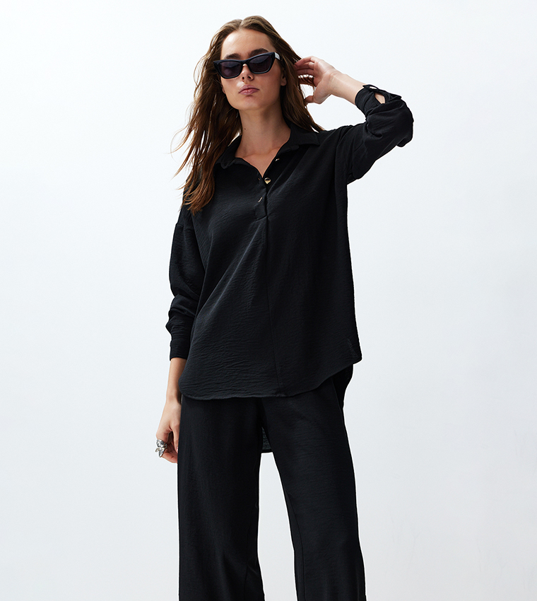 Crinkled Collared Top and Bottom Set