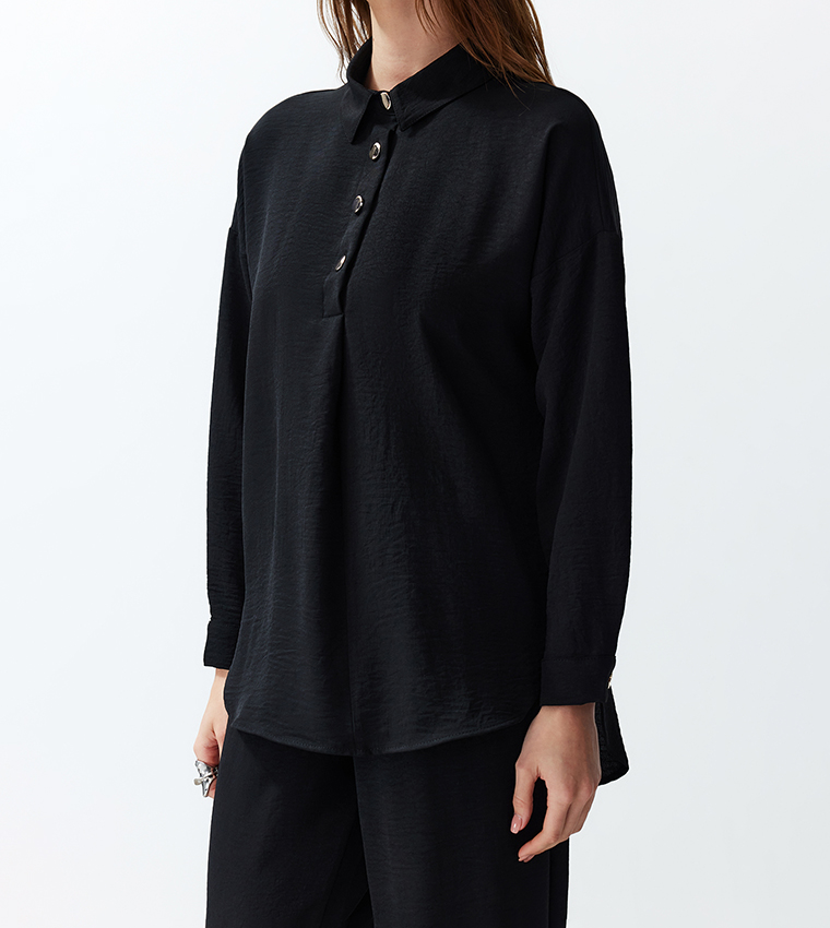 Crinkled Collared Top and Bottom Set