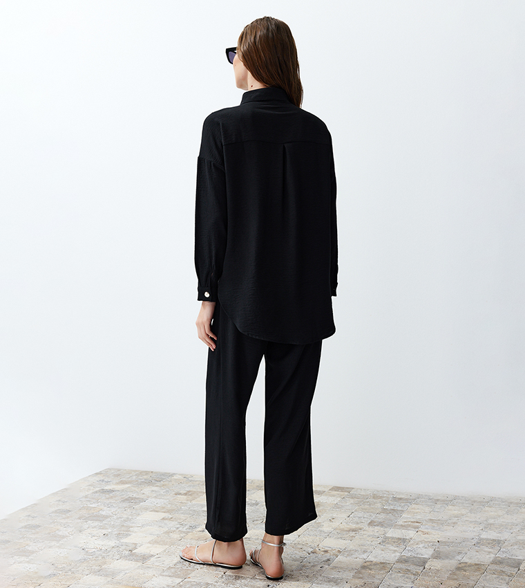 Crinkled Collared Top and Bottom Set
