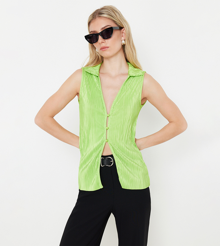 Plisse Polo Neck Sleeveless Top