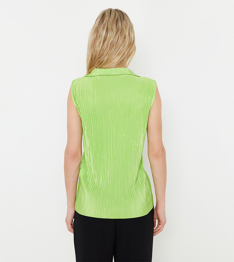 Plisse Polo Neck Sleeveless Top